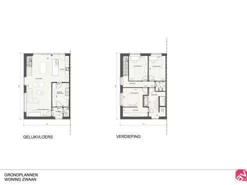 Grondplan, moderne woning, halfopen bebouwing Zwaan